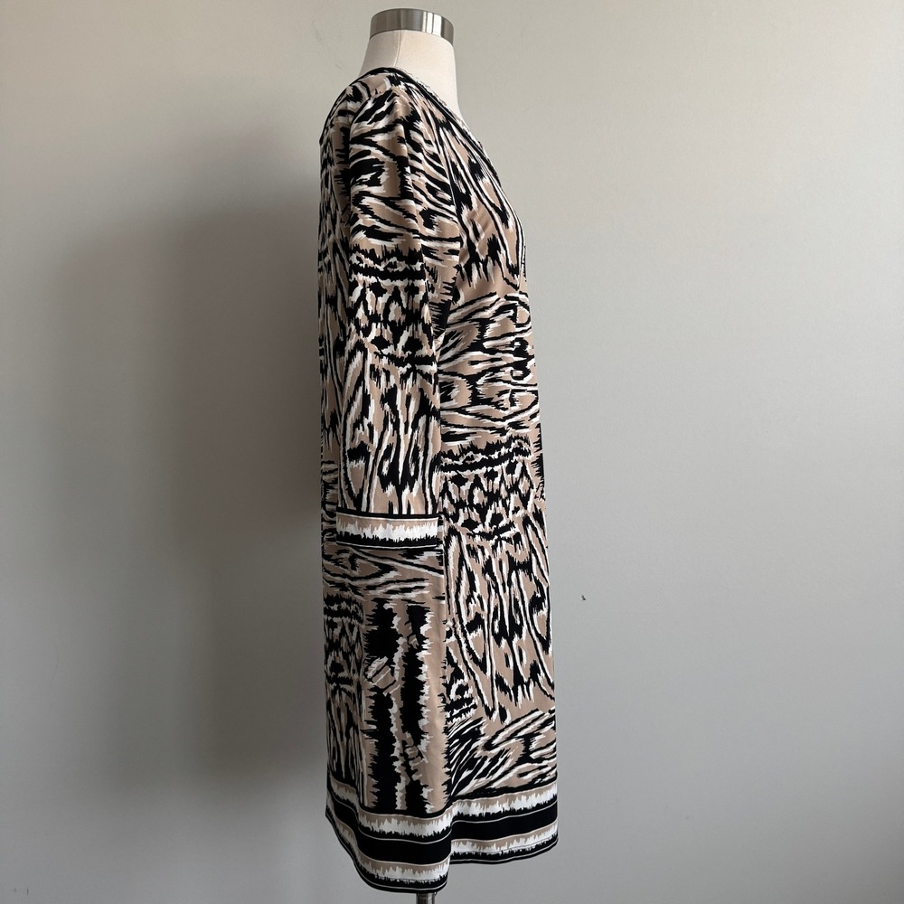 BCBGMaxazria Abstract Tribal Print Shift Dress Tan Black 3/4 Sleeve M - Picture 4 of 7